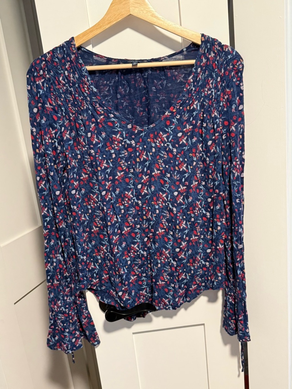 Lucky Brand Floral Print Long-Sleeve V-Neck Top - Navy